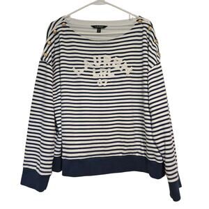 Lauren Ralph Lauren French Terry Boatneck Stripe Logo Sweatshirt Top, Size XL